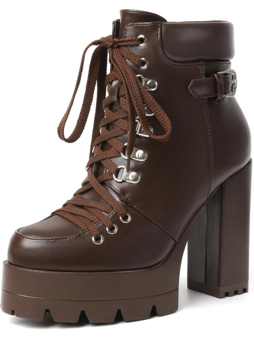 Women's Brown Trendy Lace Up Solid Casual High Heels Round Toe Zipper Ankle Boot